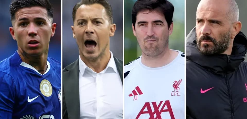Four football figures: player and three coaches