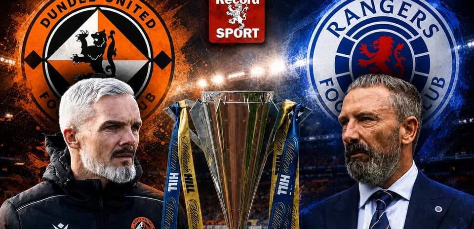 Dundee United and Rangers coaches with trophy background