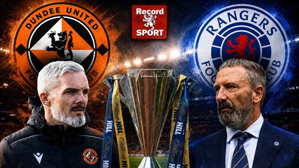Dundee United and Rangers coaches with trophy background