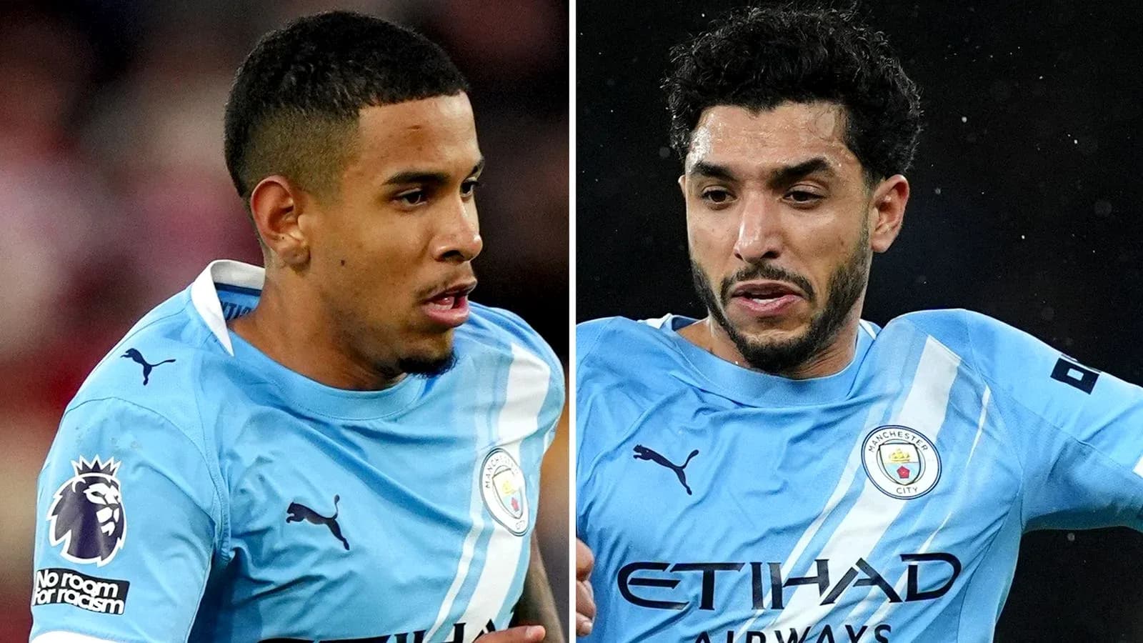 Two Manchester City players in light blue jerseys