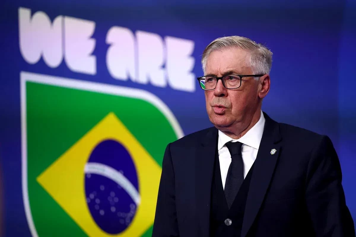 Man speaking at podium with Brazil flag backdrop