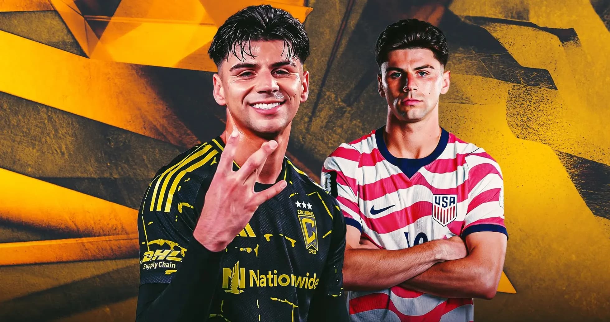 Two soccer players posing against a colorful background