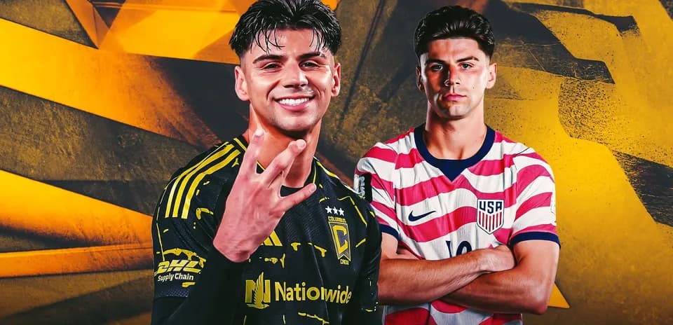 Two soccer players posing against a colorful background