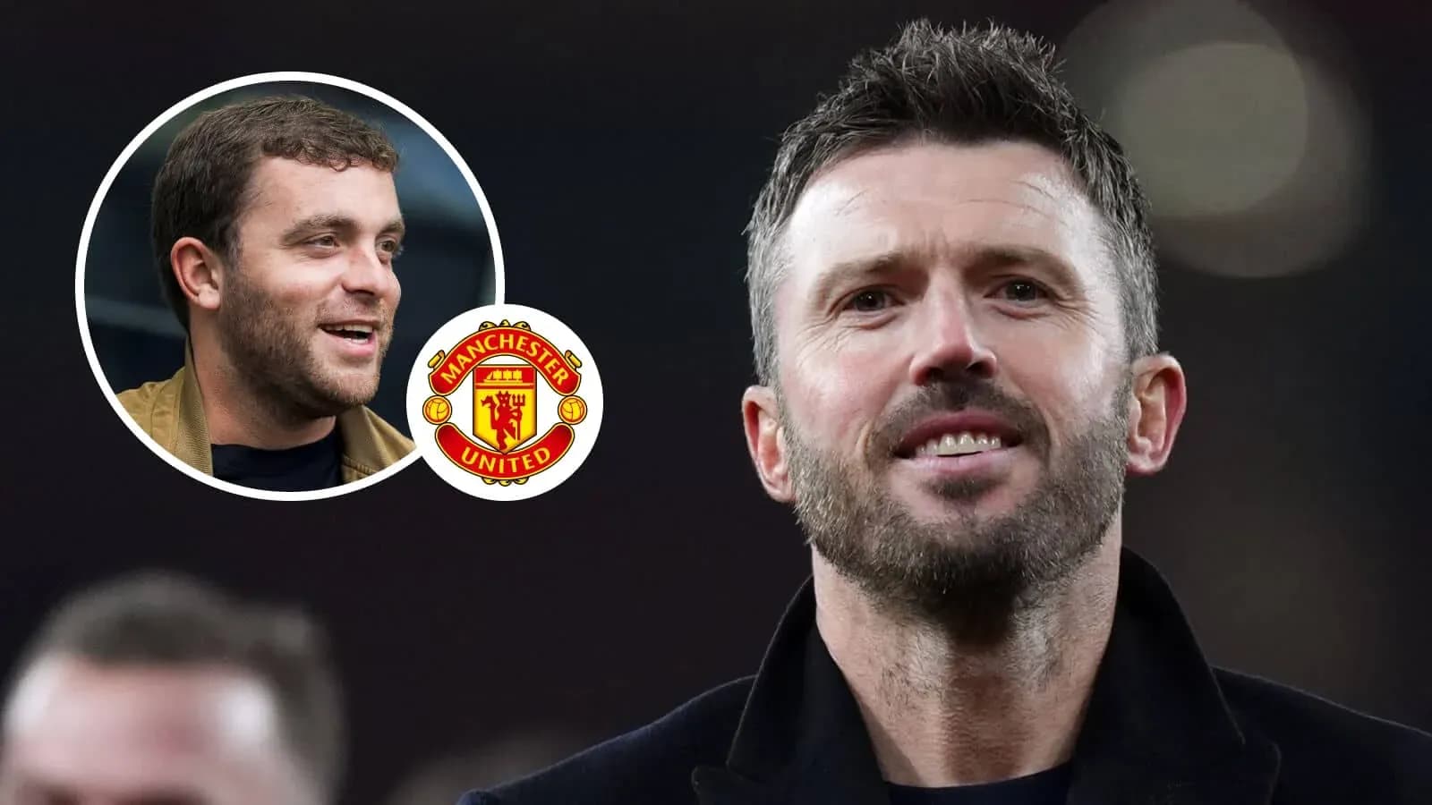 Two men with Manchester United logo in background