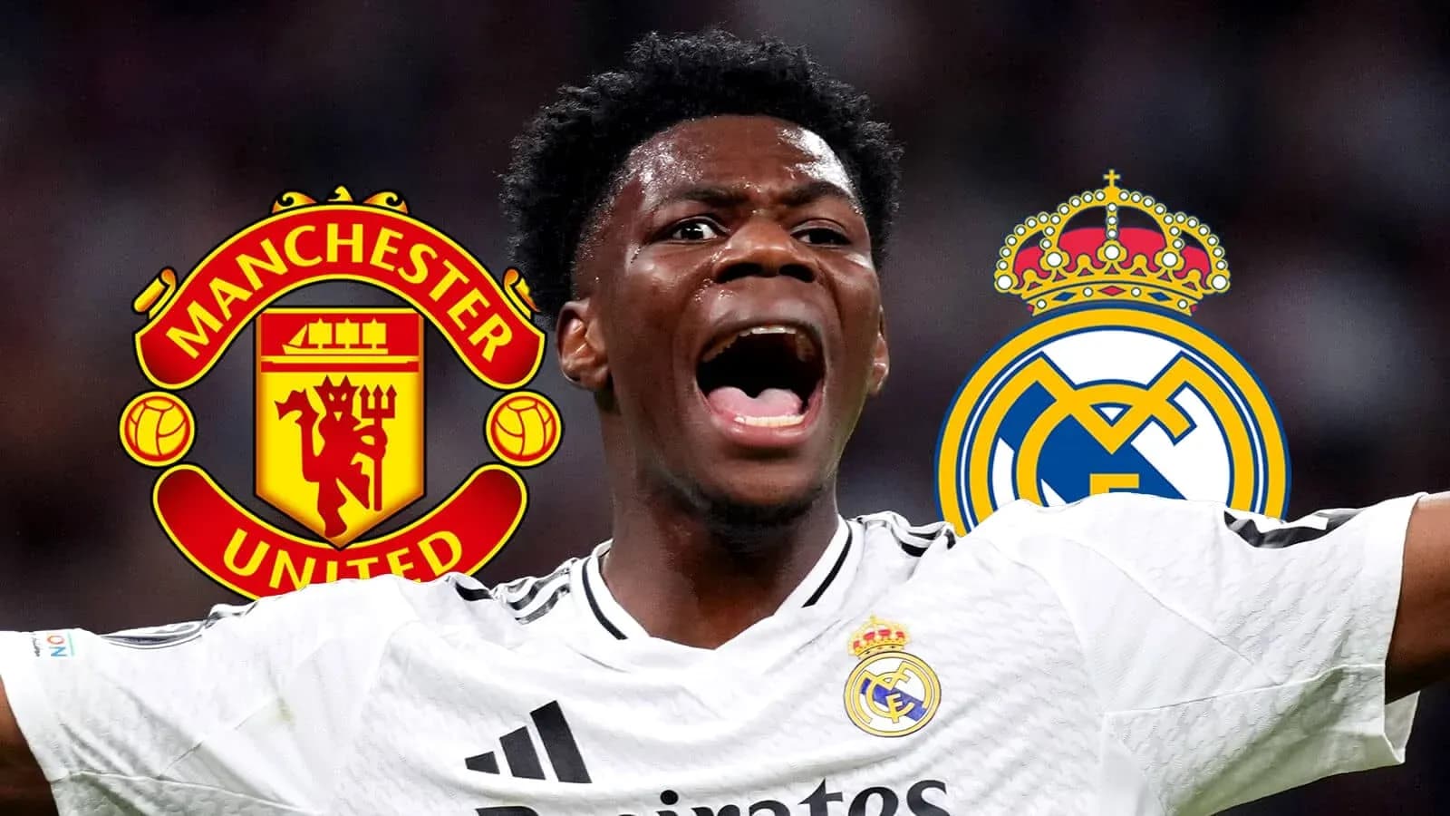 Player celebrating with Manchester United and Real Madrid logos