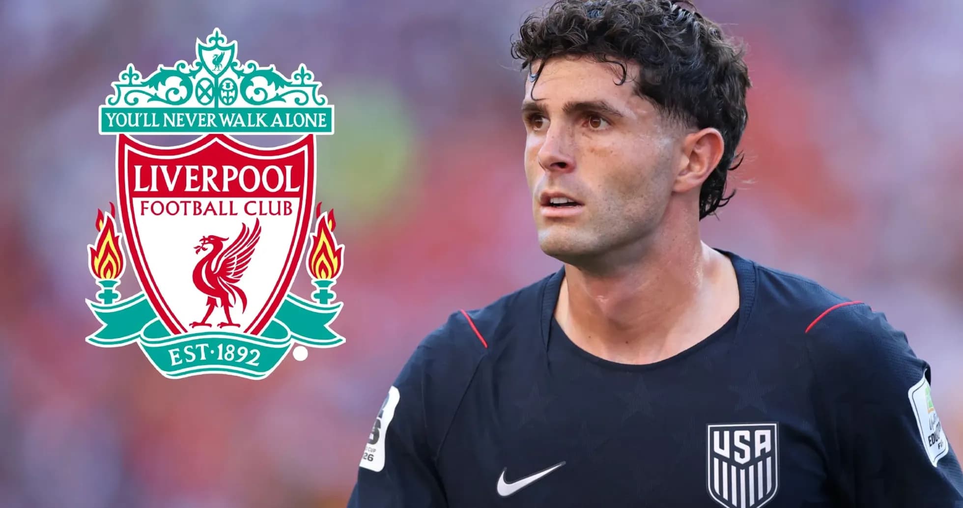 Player in USA kit with Liverpool logo background