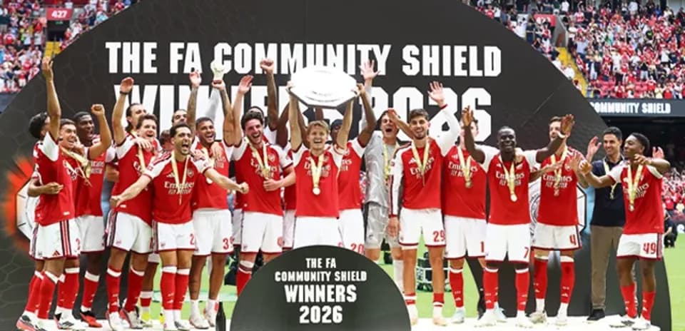 Arsenal players celebrating FA Community Shield victory 2026