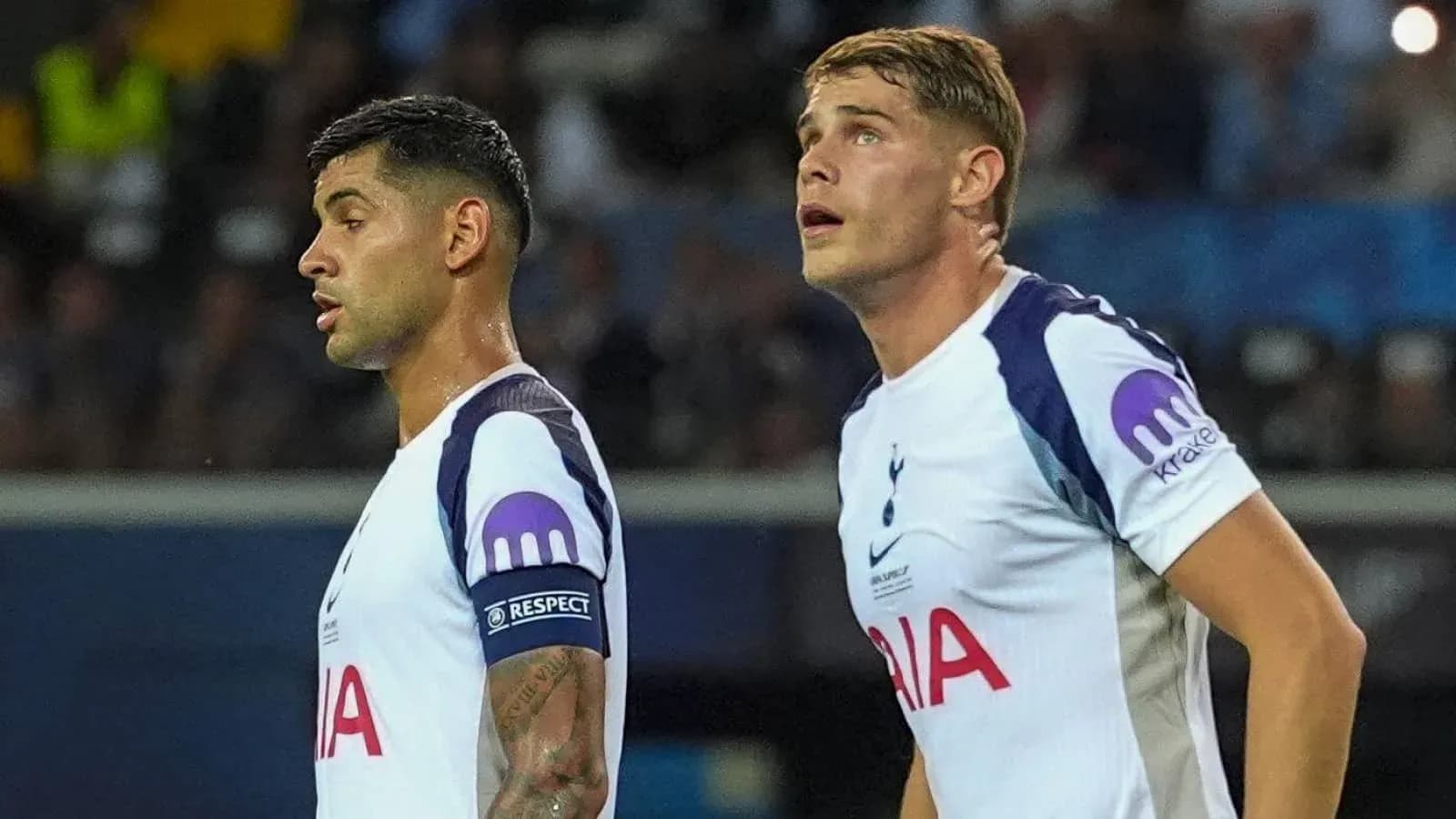Two Tottenham players looking during a match