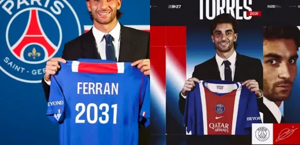 Ferran Torres holding PSG jersey during presentation