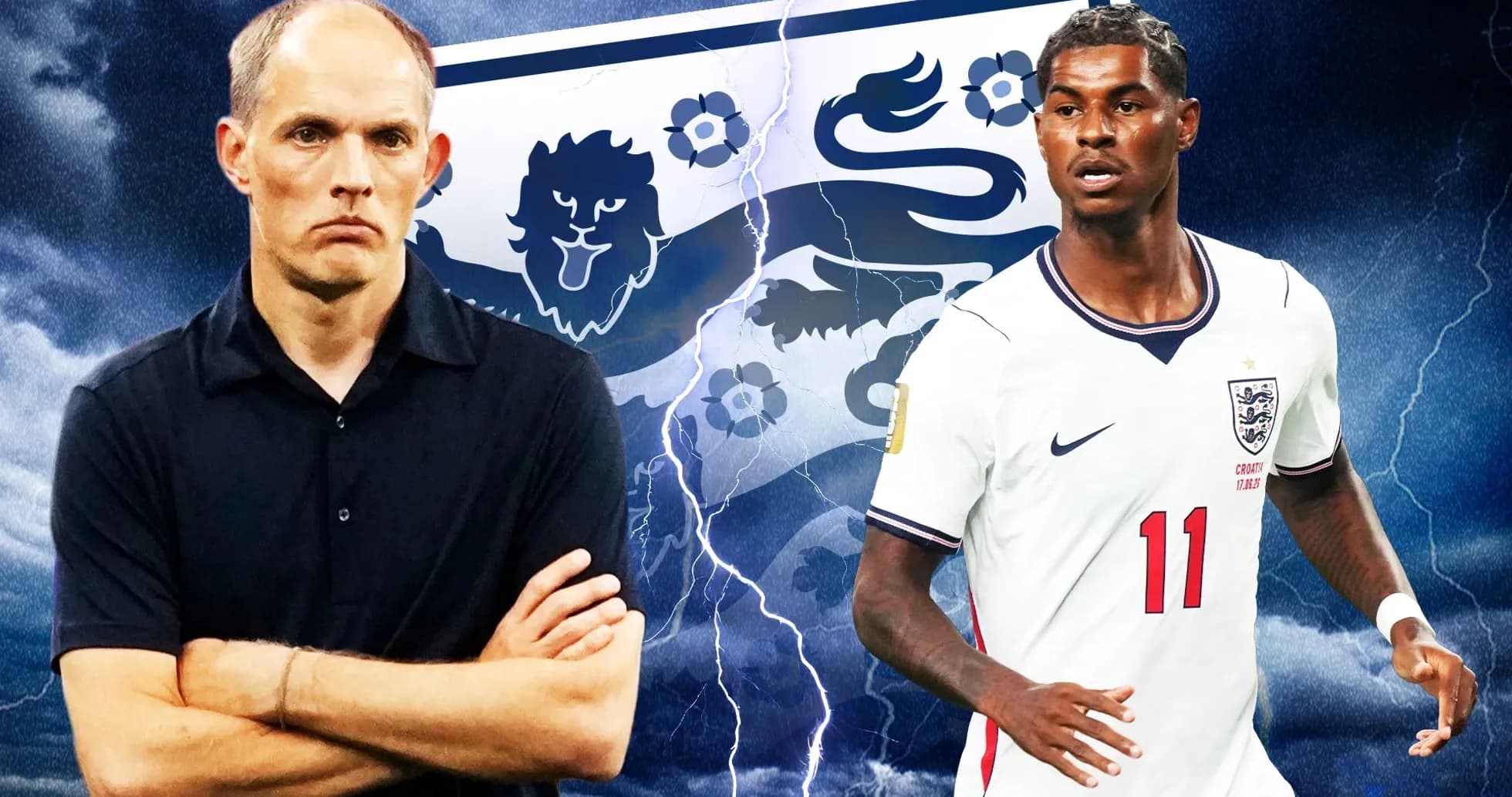 Manager and player with England flag background