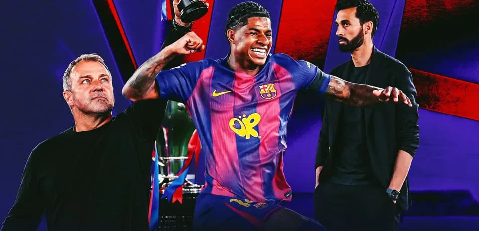 Player celebrating with trophy, coaches in background