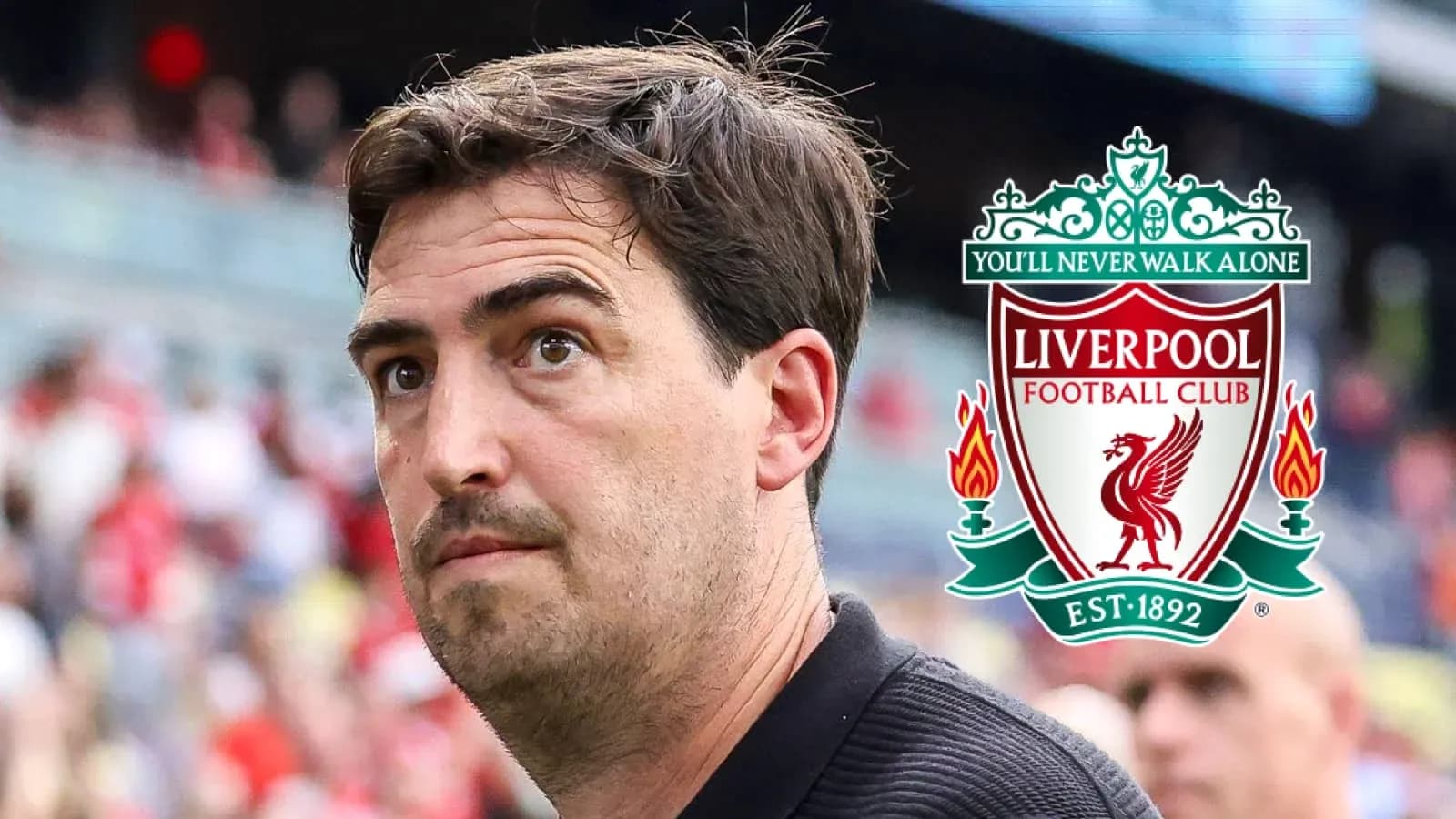 Man observing Liverpool FC logo in background