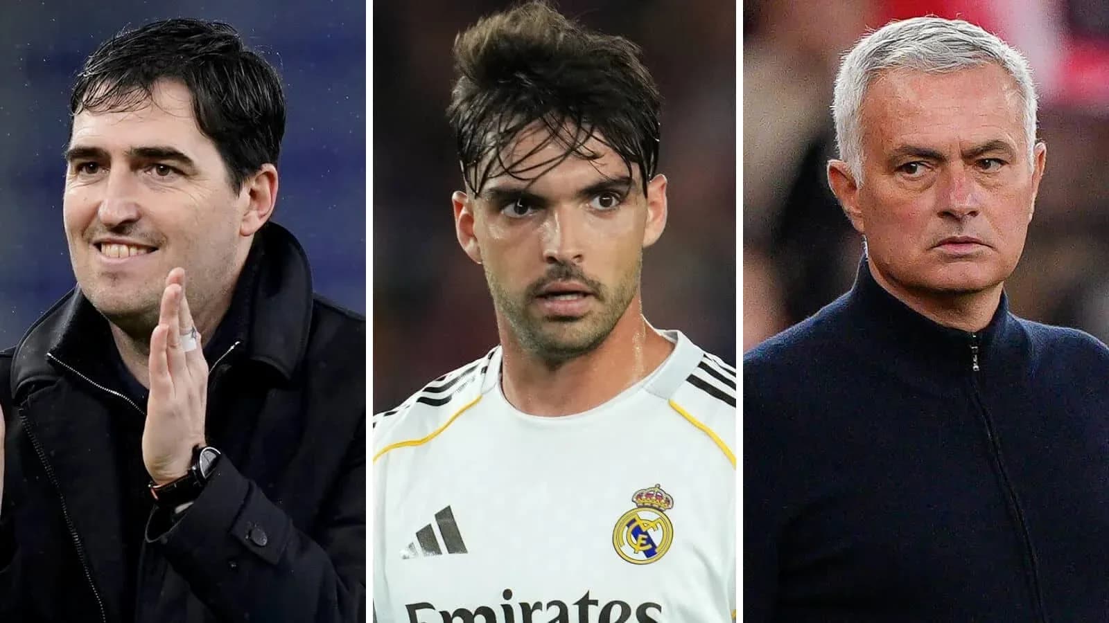 Three football figures: a coach, a player, and a manager