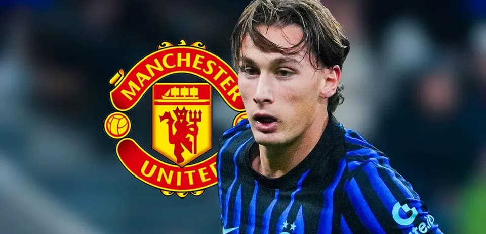 Player running with ball, Manchester United logo background