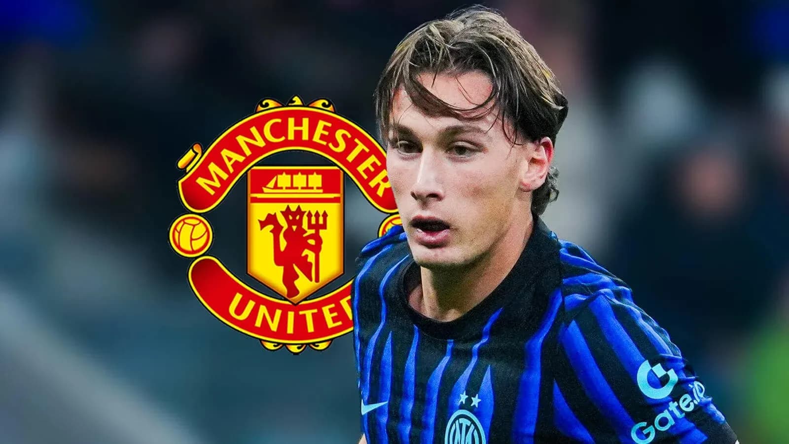 Player running with ball, Manchester United logo background