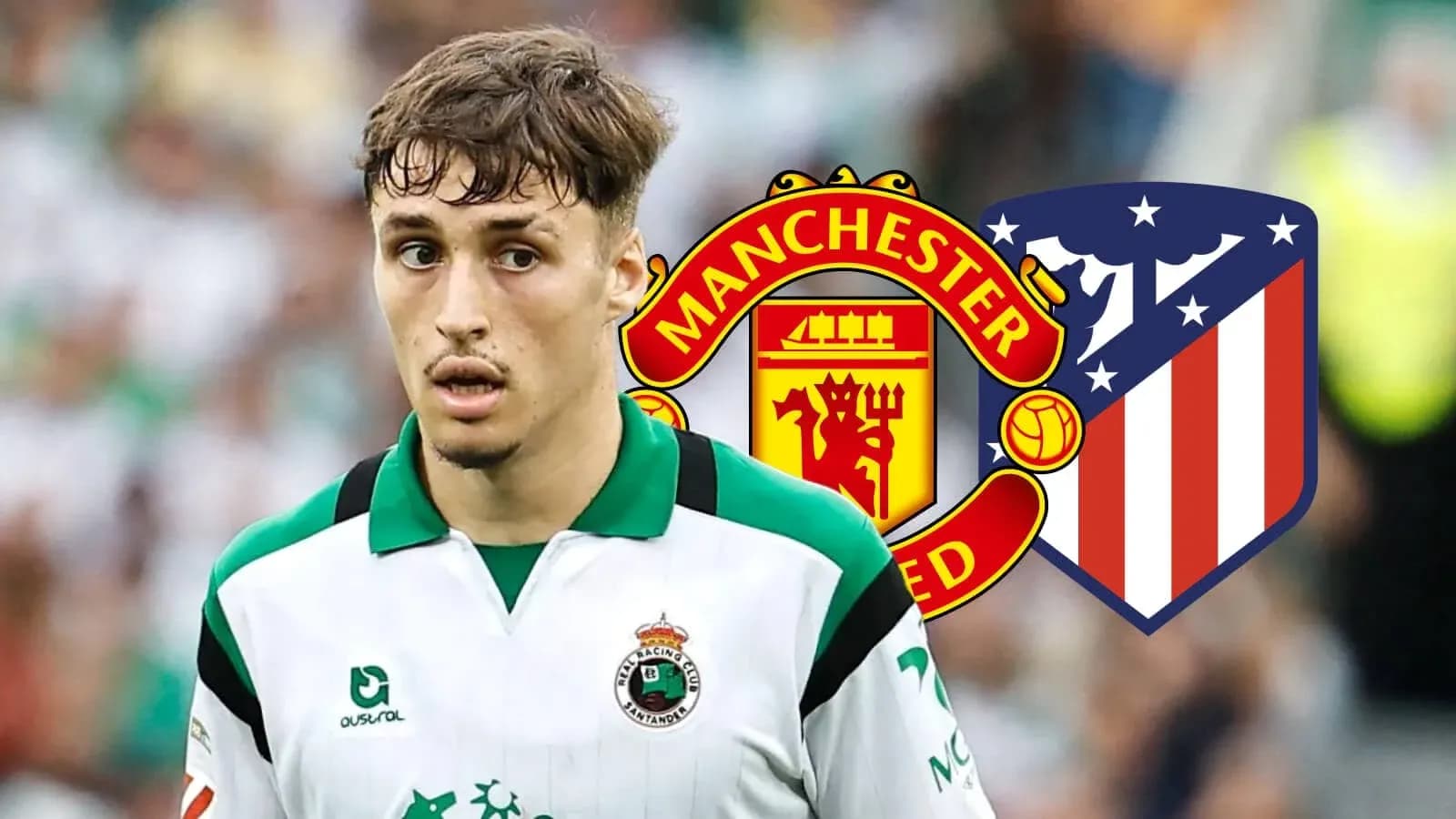Player in jersey with Manchester United and Atletico Madrid logos