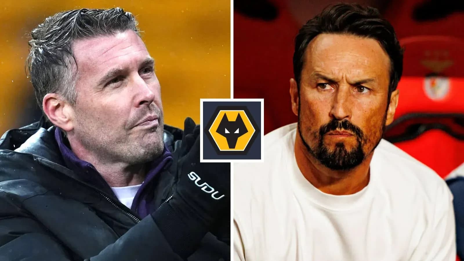 Two football managers with focused expressions