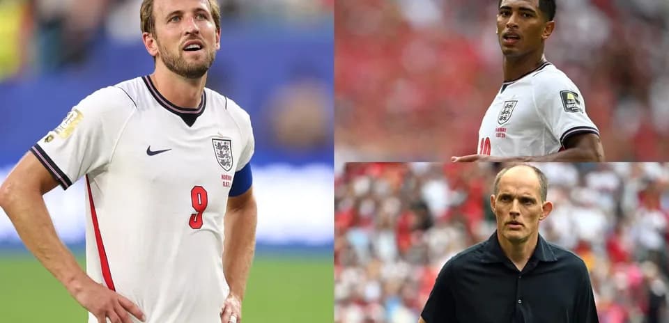 Three individuals in England football jerseys during match
