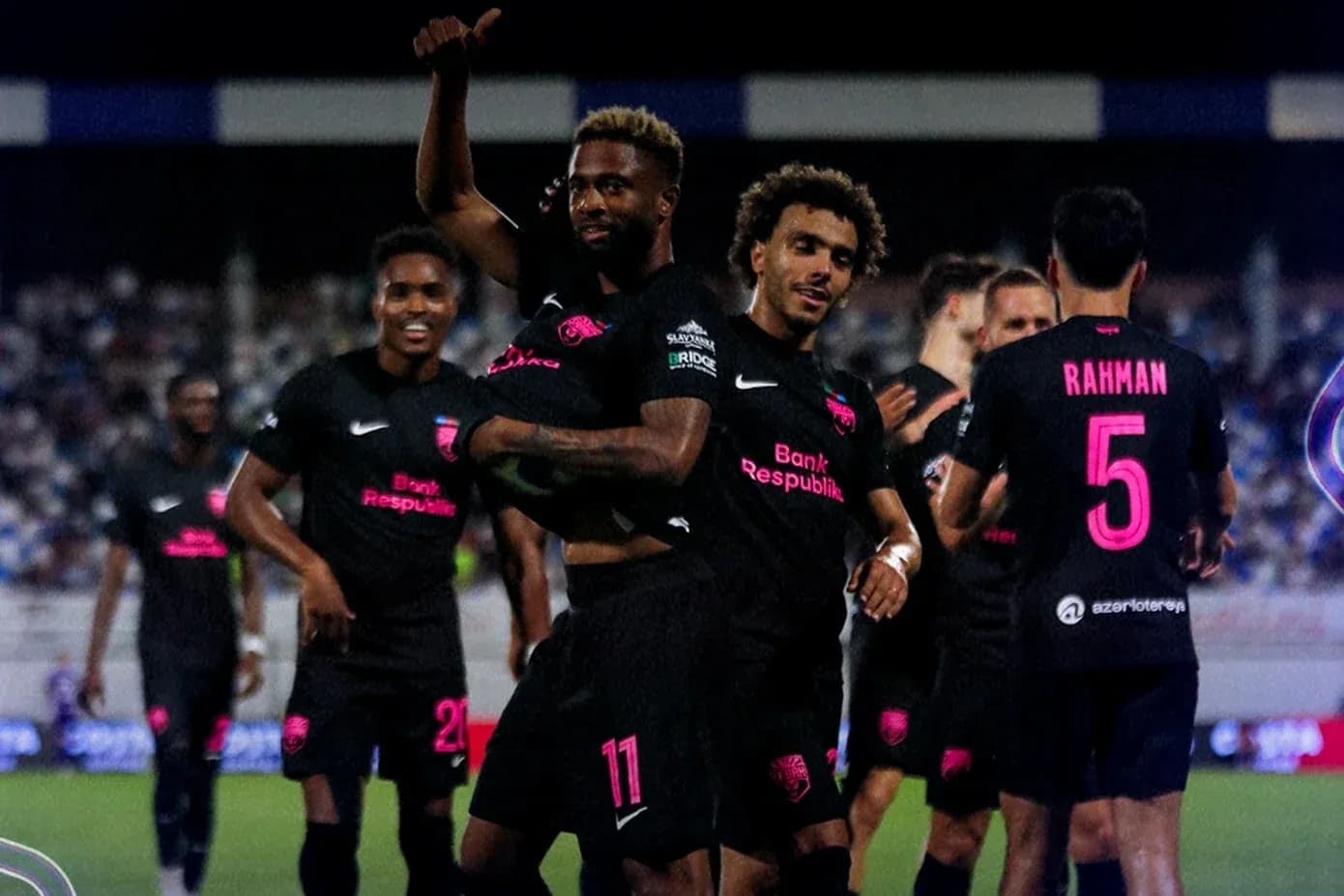 Celebration after goal in UEFA Champions League match
