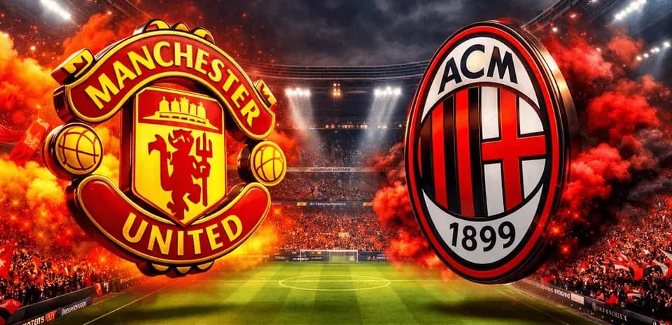 Logos of Manchester United and AC Milan with stadium background