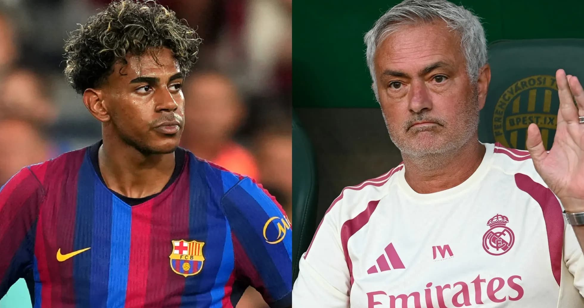 Barcelona player and manager José Mourinho in split image