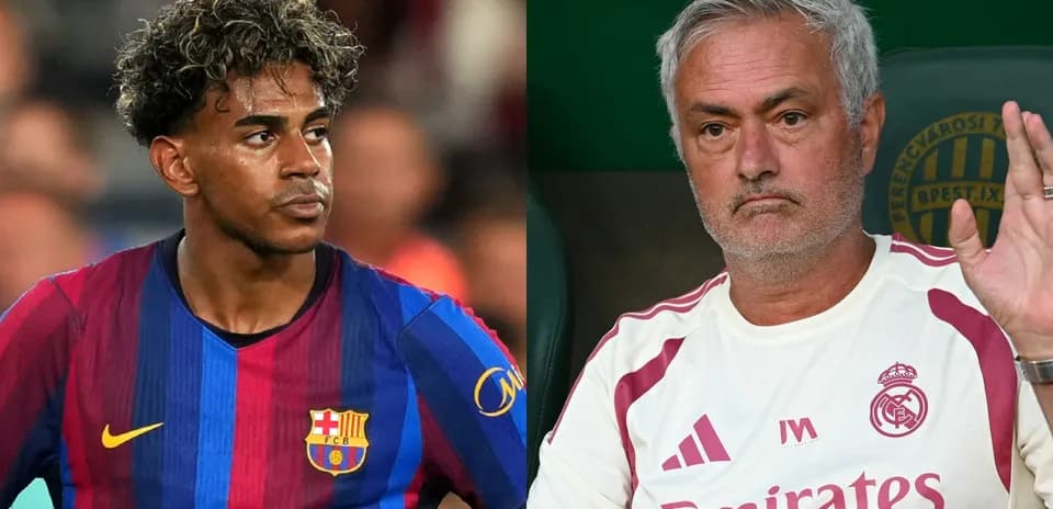 Barcelona player and manager José Mourinho in split image