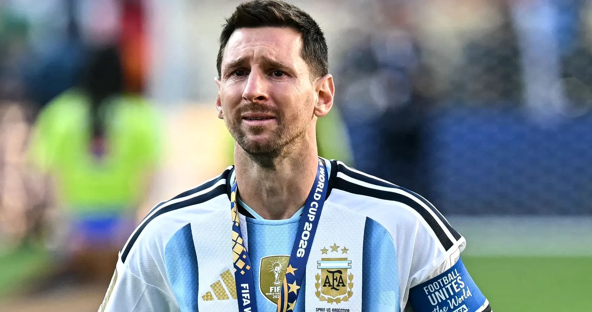 Lionel Messi wearing a medal after World Cup match