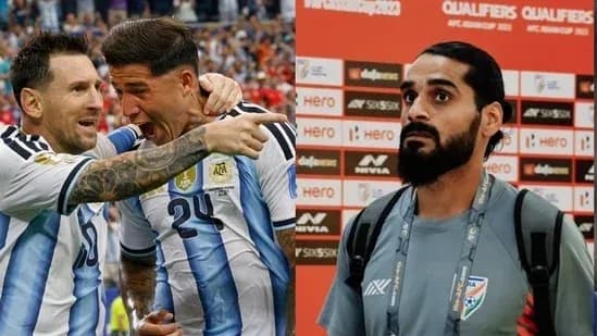 Two Argentine players celebrating a goal, player in interview