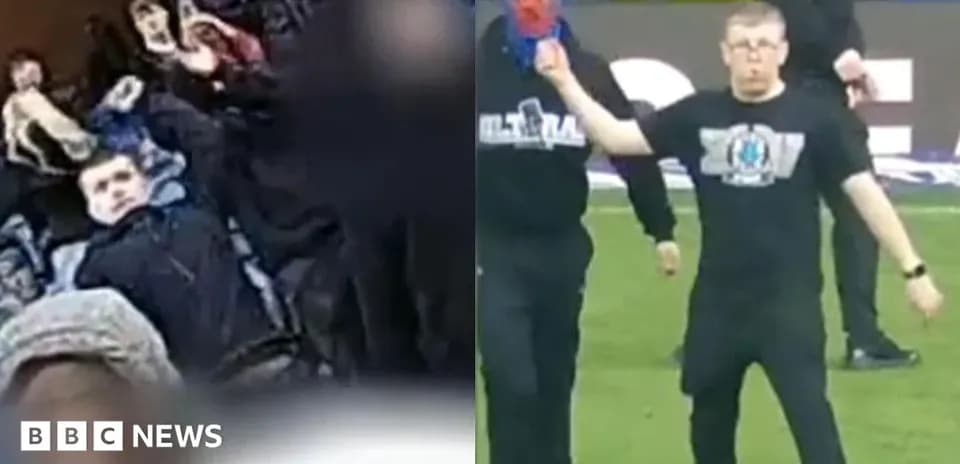 Fans celebrating and a person on the pitch