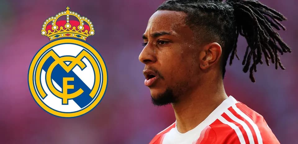 Player in red jersey next to Real Madrid logo