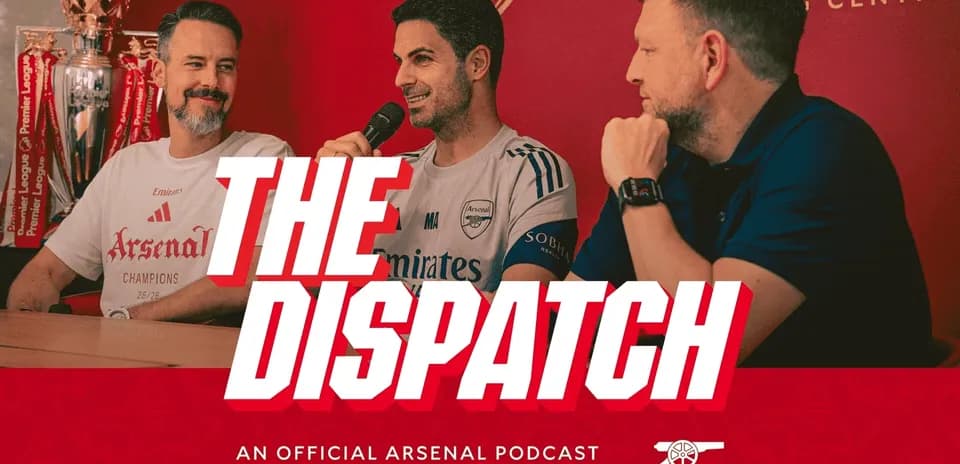Podcast hosts discussing Arsenal at a table