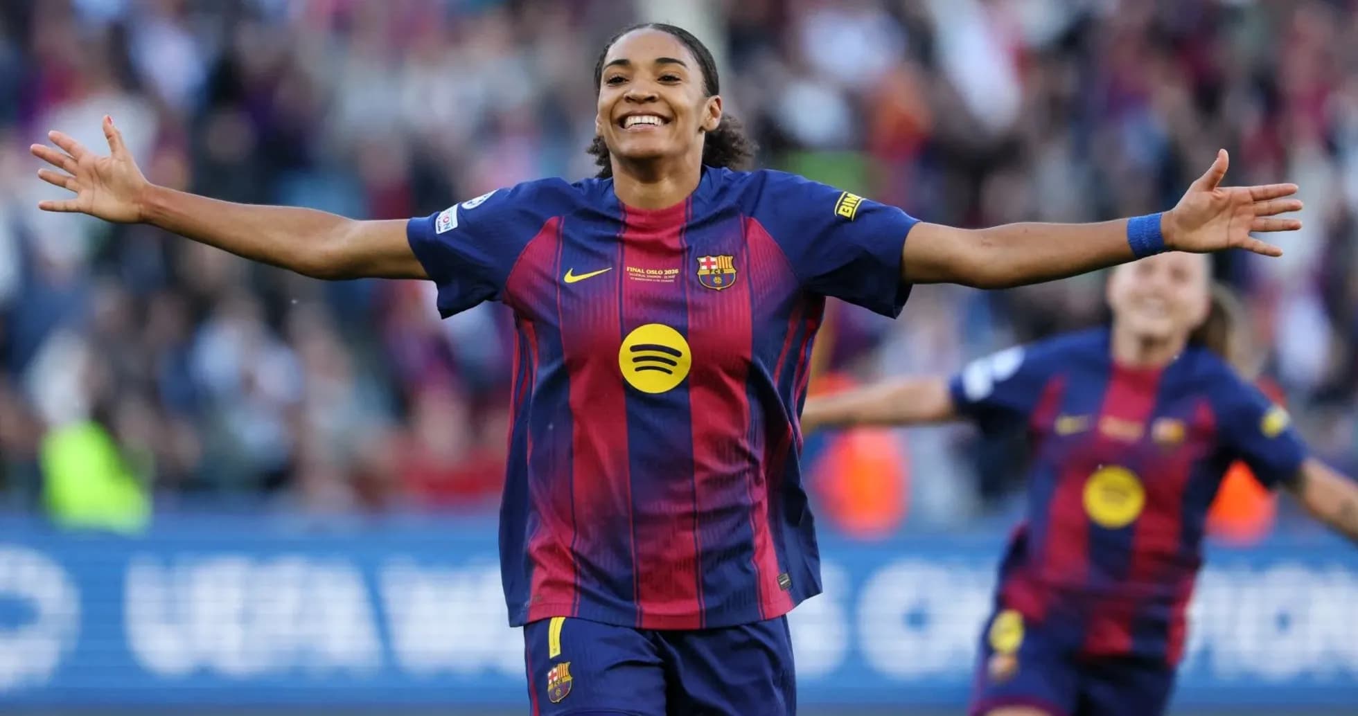Barcelona player celebrating after scoring a goal