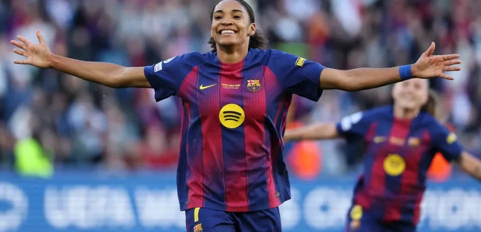 Barcelona player celebrating after scoring a goal