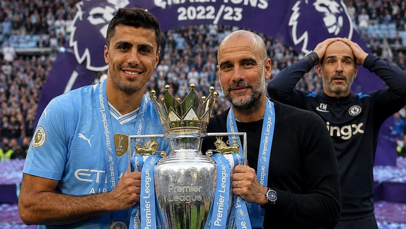 Players celebrating Premier League trophy win