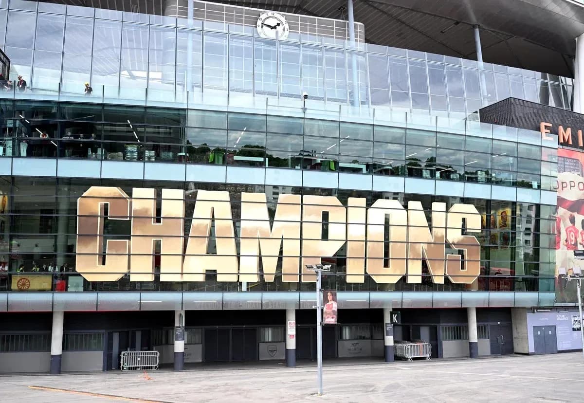 Exterior of stadium displaying 'CHAMPIONS' sign