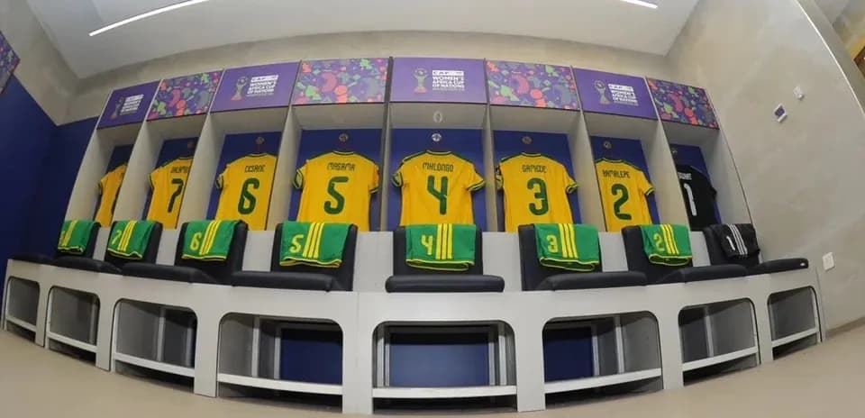 Locker room with jerseys and shorts arranged neatly