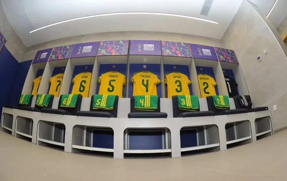 Locker room with jerseys and shorts arranged neatly