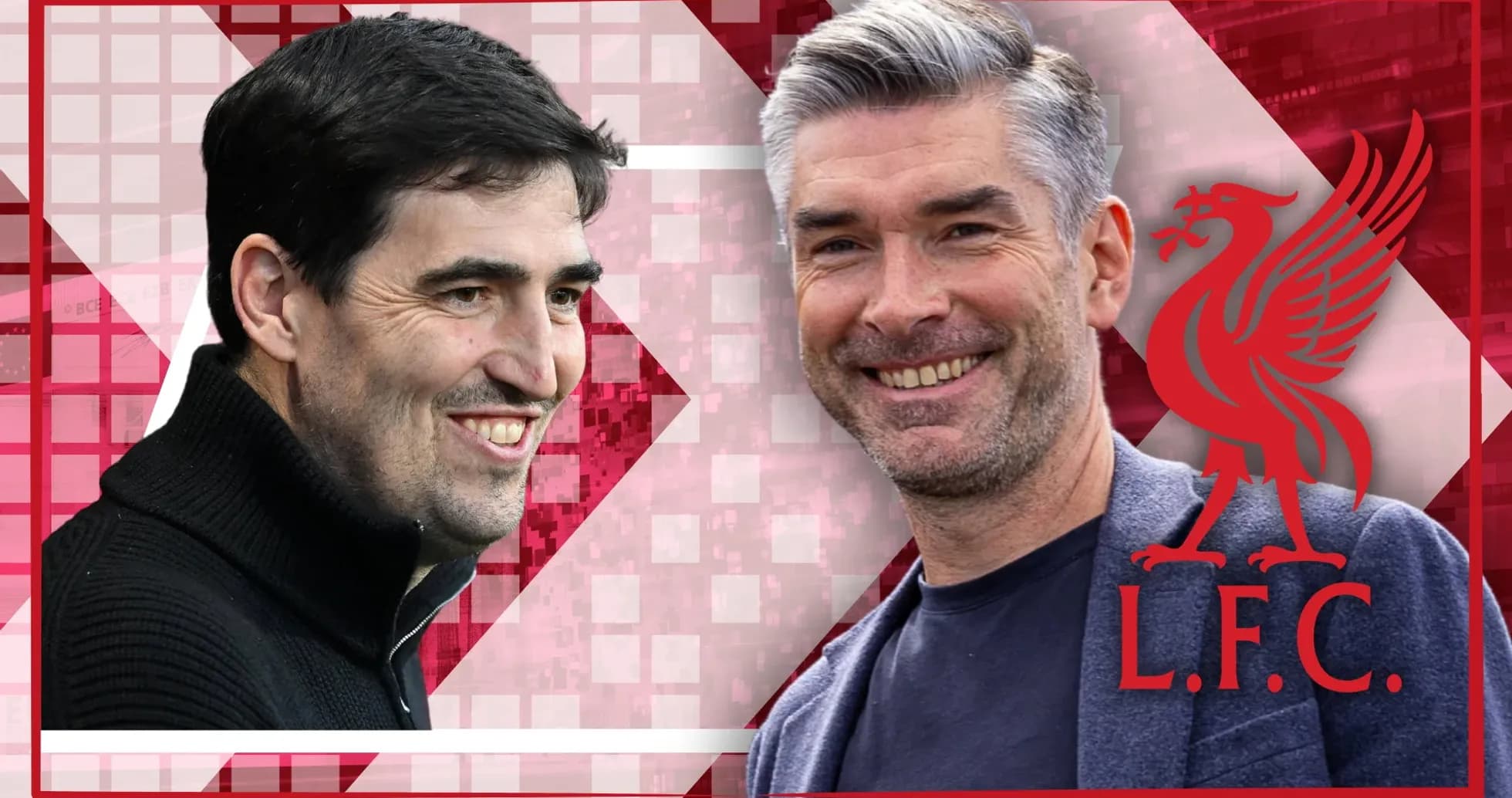 Two football managers smiling against Liverpool backdrop