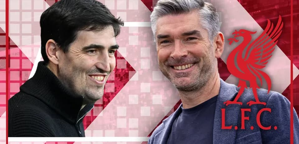Two football managers smiling against Liverpool backdrop