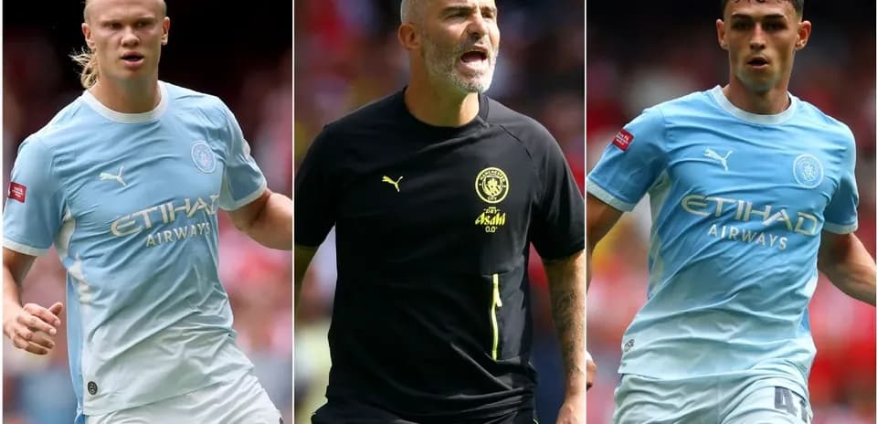 Three Manchester City players during match warm-up