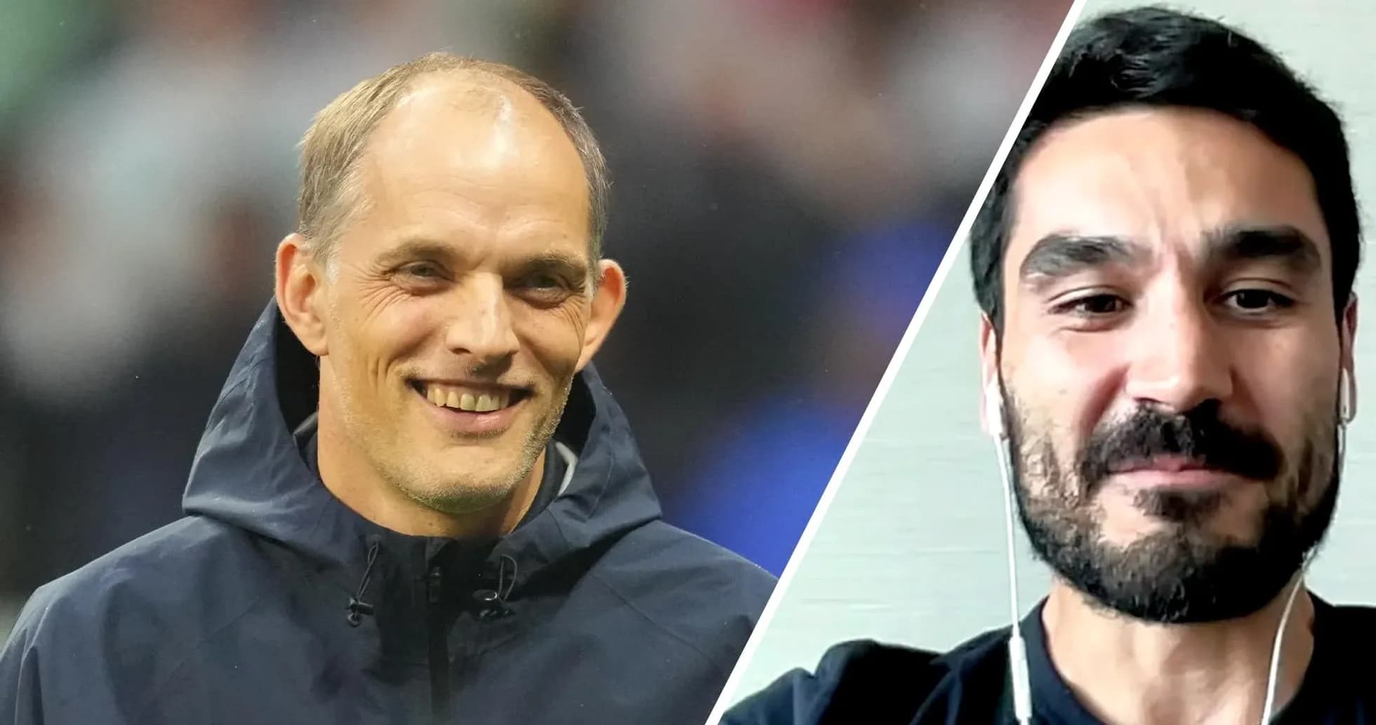 Thomas Tuchel and Ilkay Gundogan smiling during discussion