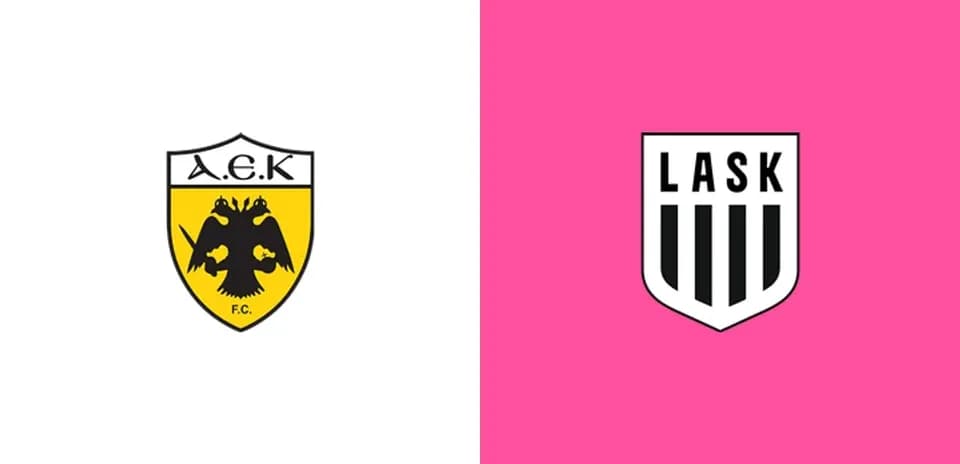 Logos of A.E.K. and LASK on colored backgrounds