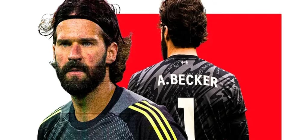 Alisson Becker in Liverpool kit, facing camera