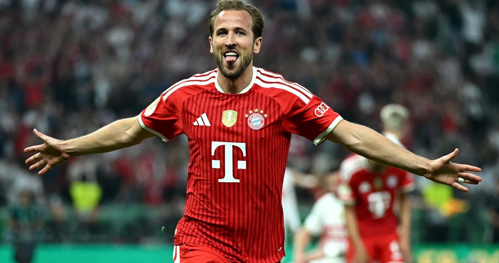 Player celebrating goal in Bayern Munich kit