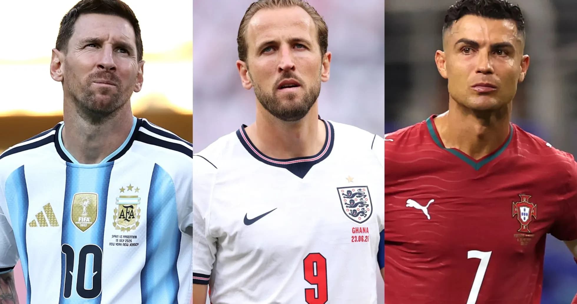 Messi, Kane, and Ronaldo in team jerseys
