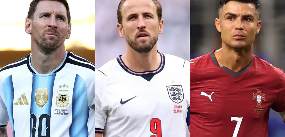 Messi, Kane, and Ronaldo in team jerseys
