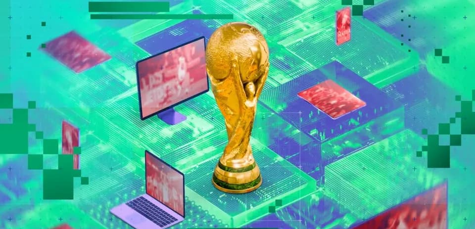 Golden World Cup trophy with digital screens background