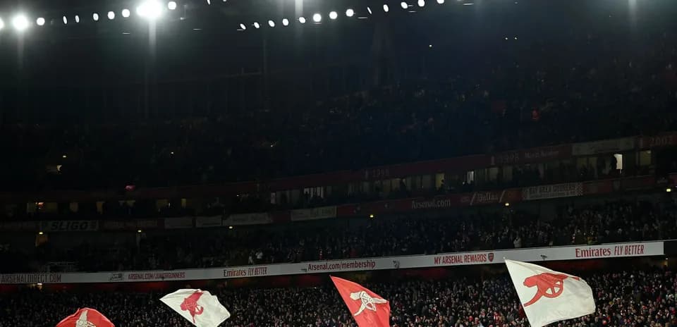 Fans waving flags at Arsenal stadium during match