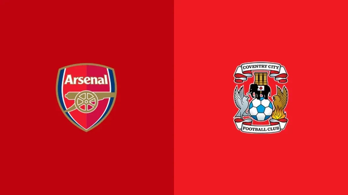 Arsenal and Coventry City club logos on red background