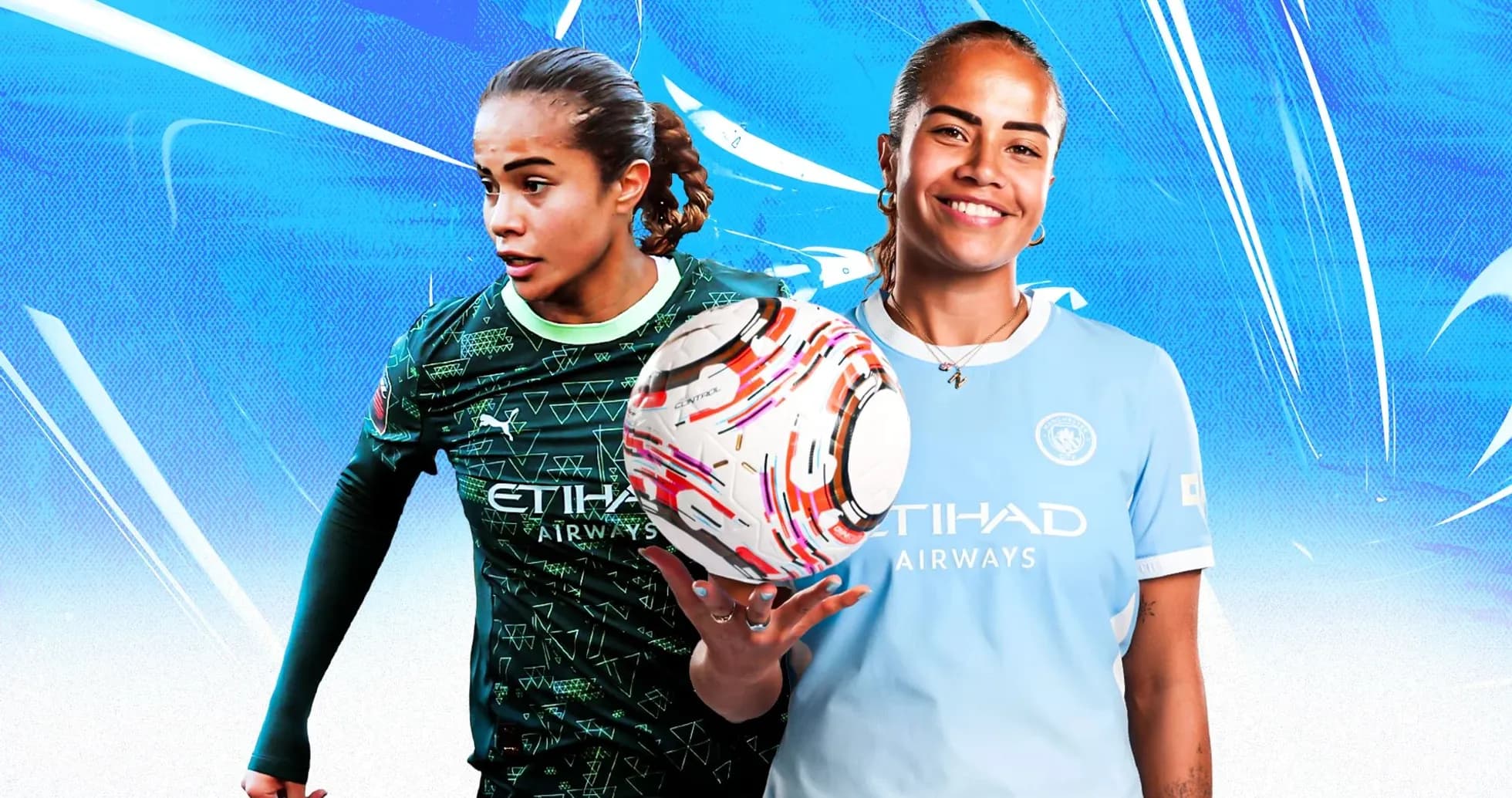 Two female soccer players in Manchester City kits